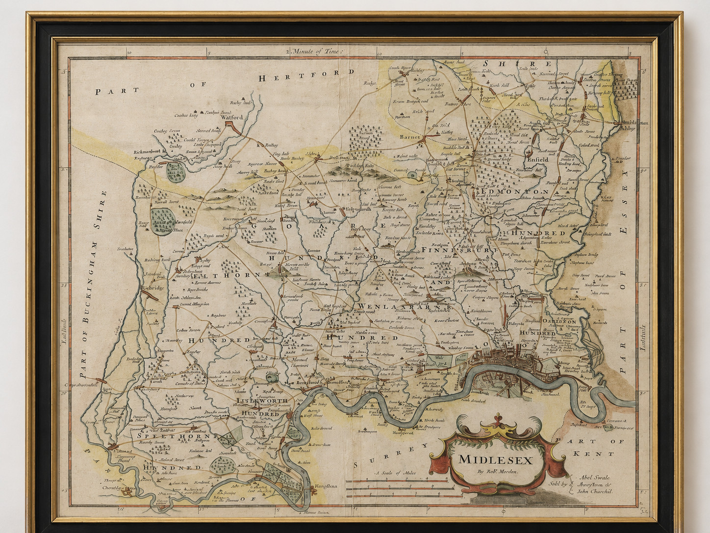 Framed Map of Middlesex originally engraved by Robert Morden 1695 Framed Map of Middlesex originally engraved by Robert Morden 1695