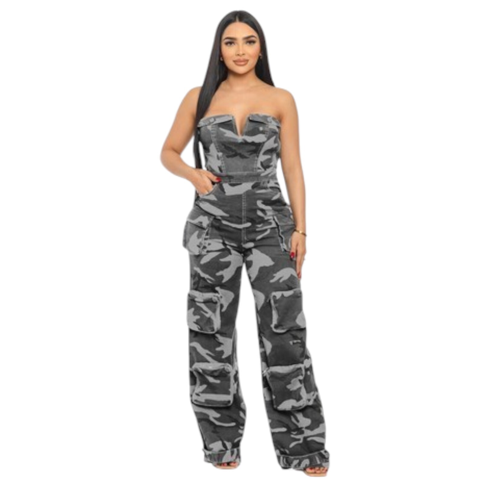 NWT Women\'s Camo Strapless Tube Cargo Utility Jumpsuit Sizes: Small 