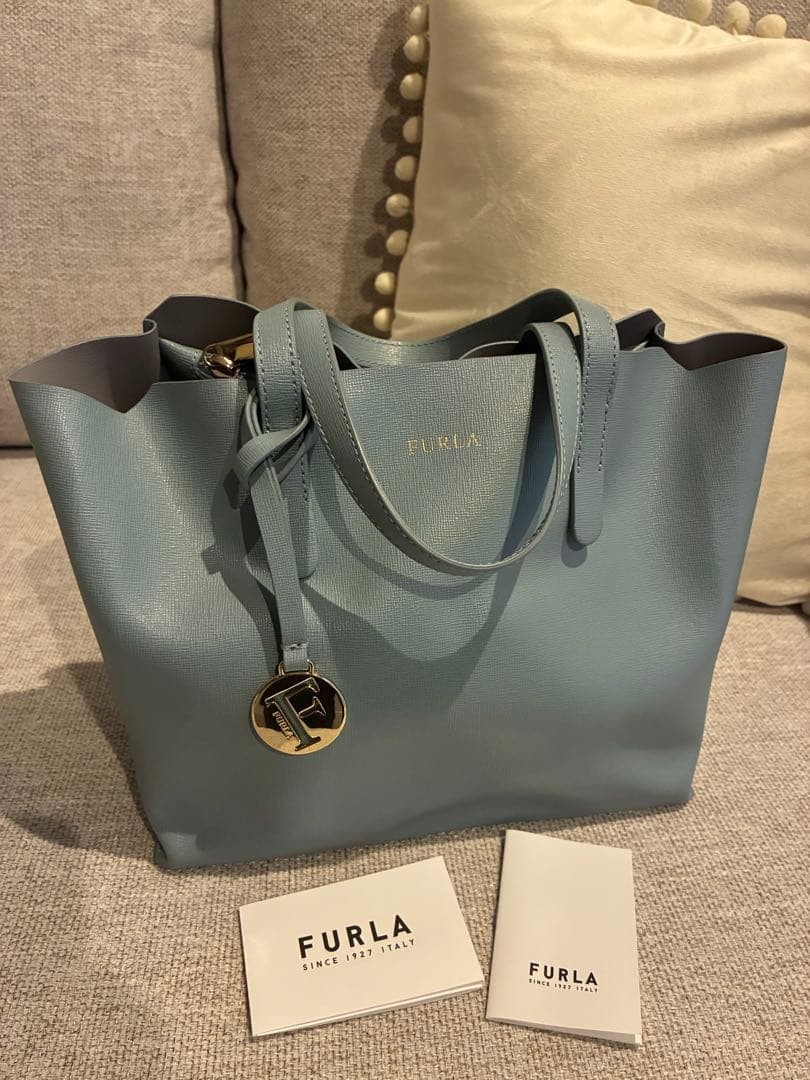 FURLA Sally Leather Tote Bag Light Smoky Blue Gold Charm Women Handbag