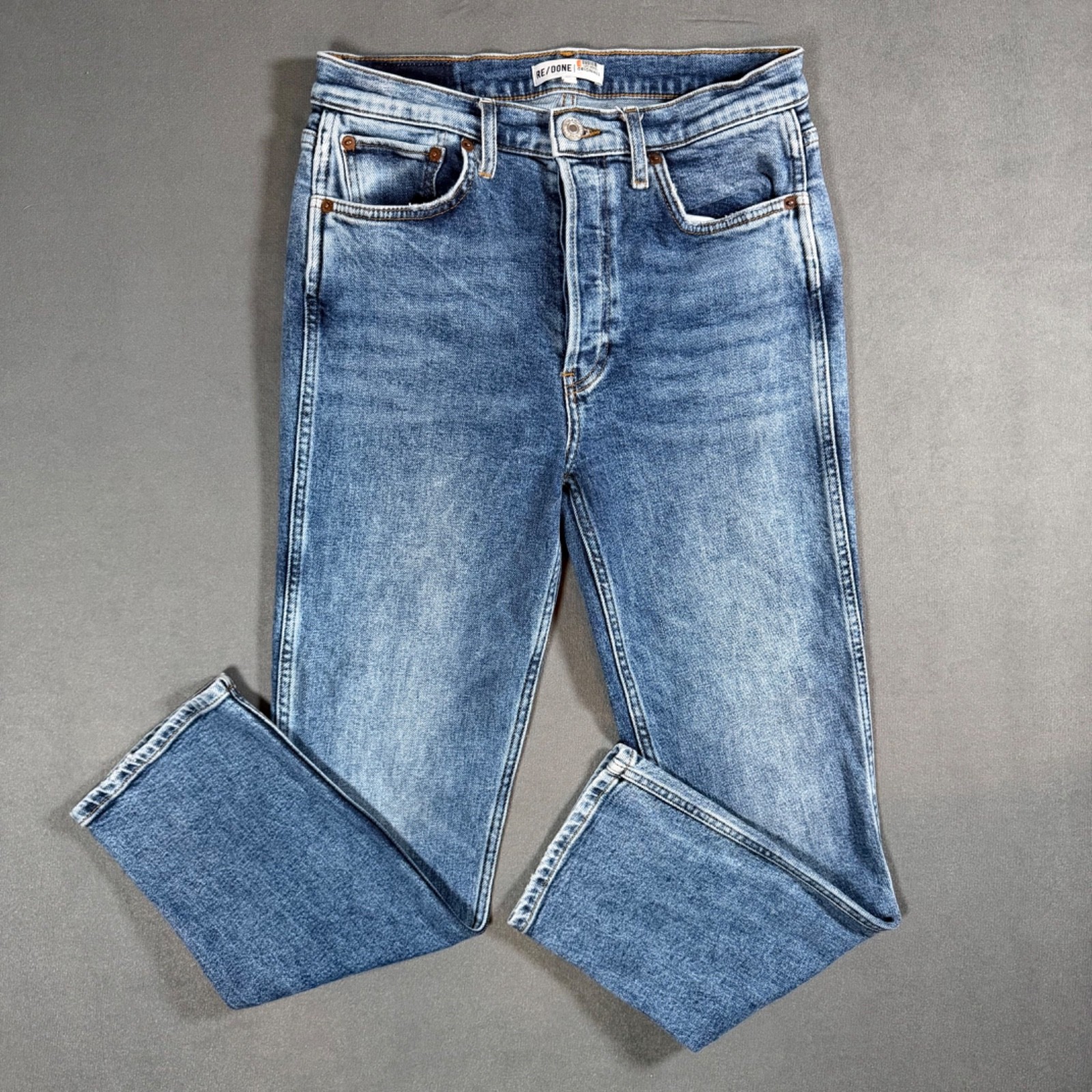 RE/DONE Originals High Rise Straight Leg Jeans Button Fly Medium Wash Size 29 RE/DONE Originals High Rise Straight Leg Jeans Button Fly Medium Wash Size 29