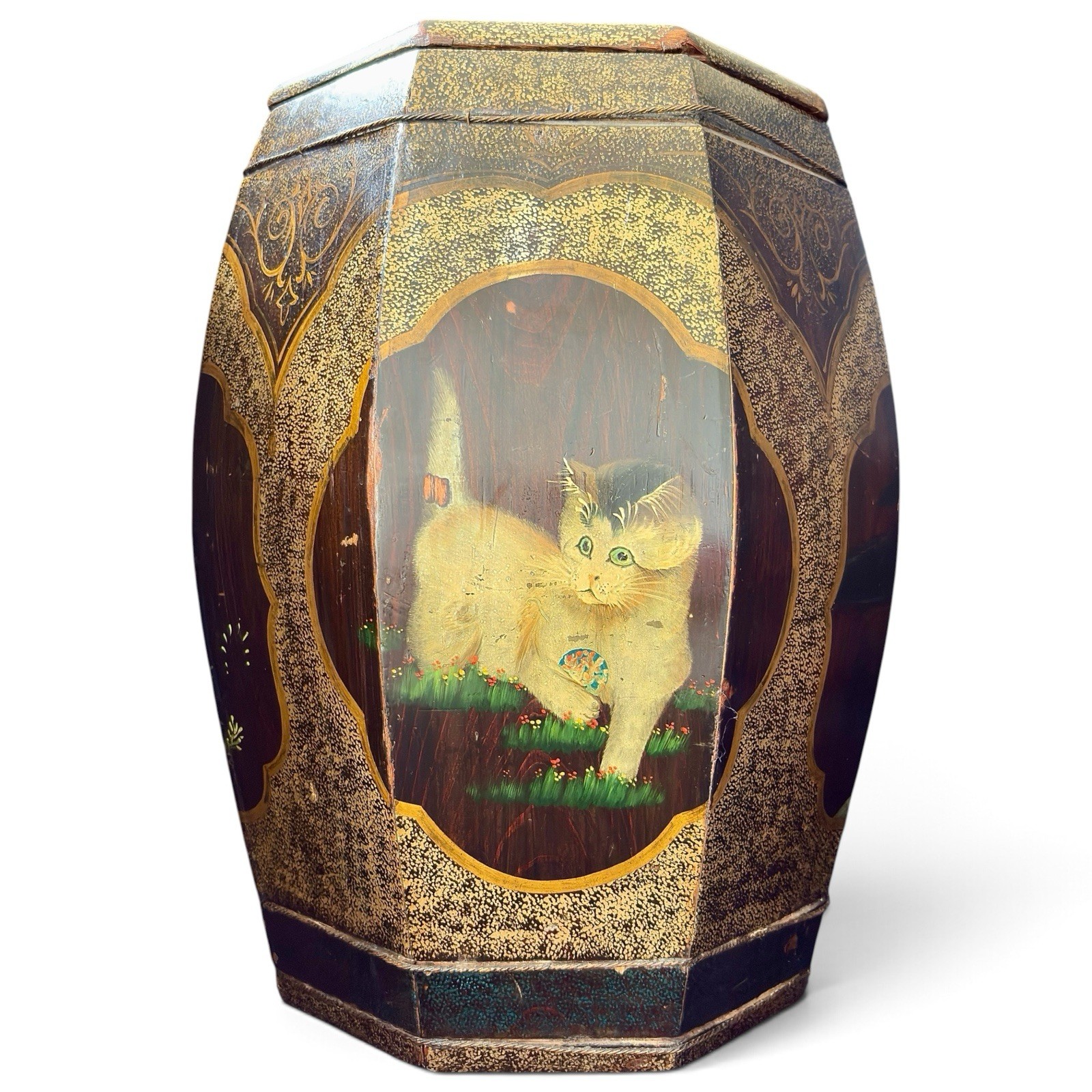 Unusual Kitten & Koi Octagonal Rice Barrel Hand Painted Lacquered Wood 17.5” Unusual Kitten & Koi Octagonal Rice Barrel Hand Painted Lacquered Wood 17.5”