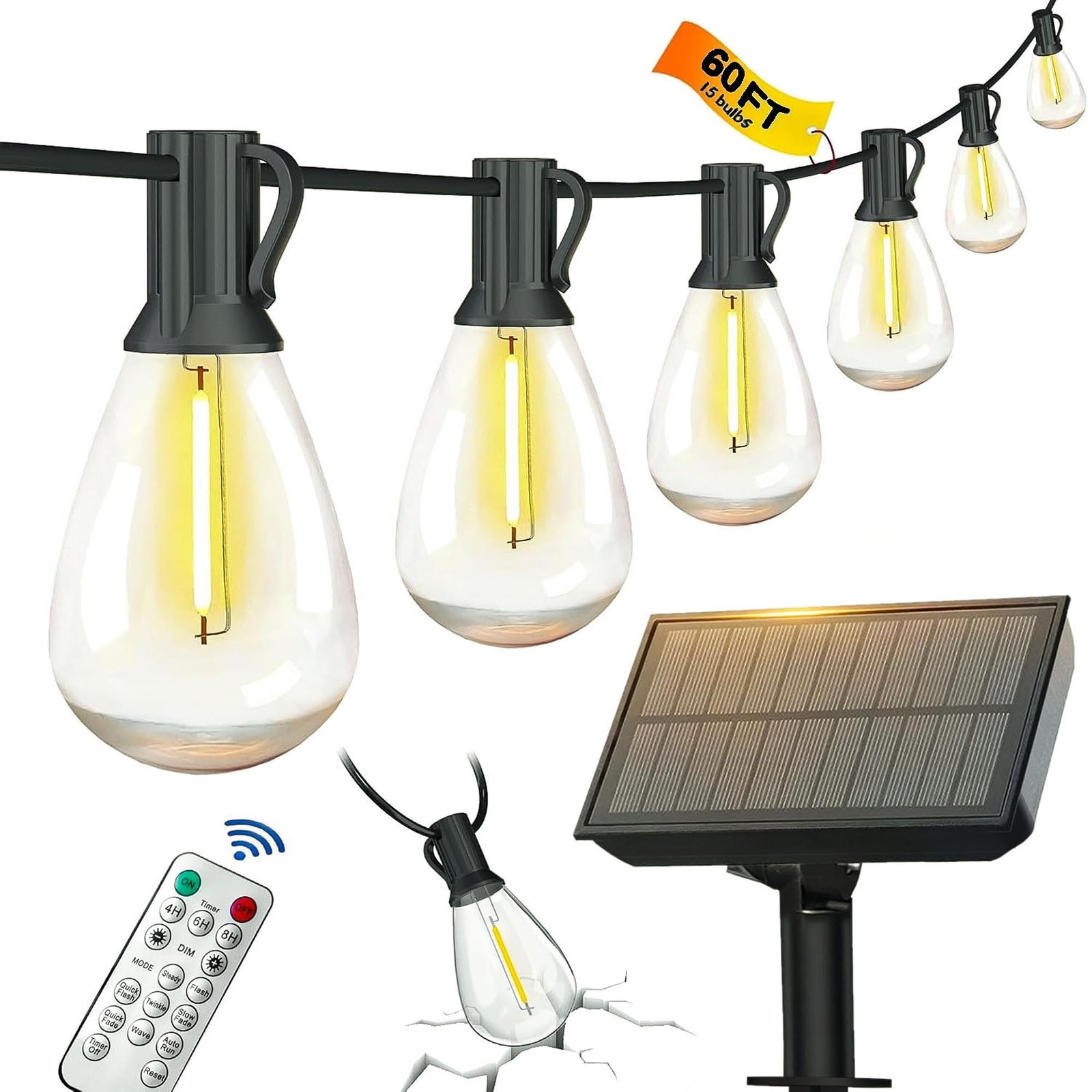 60FT Solar String Lights Outdoor Waterproof with Remote Control Solar Patio L...
