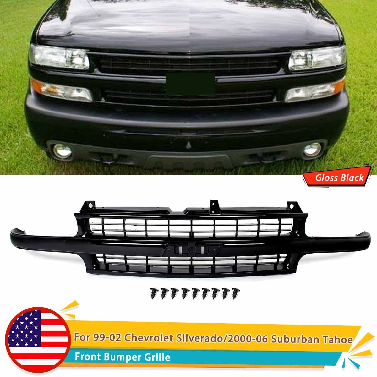 For 99-02 Chevrolet Silverado / 2000-06 Suburban Tahoe Front Grille Gloss Black