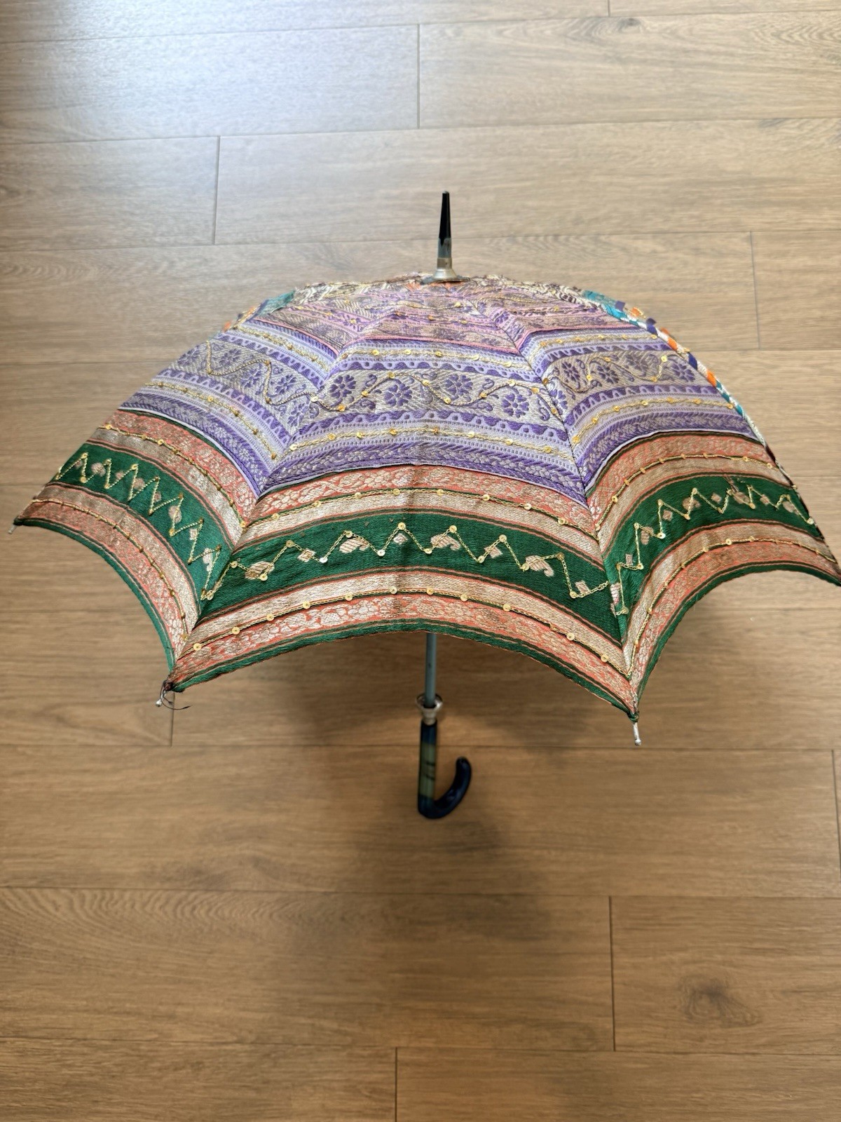 Vintage 1950s Brocade Parasol Swirl Lucite Handle Sequin Umbrella Parasol