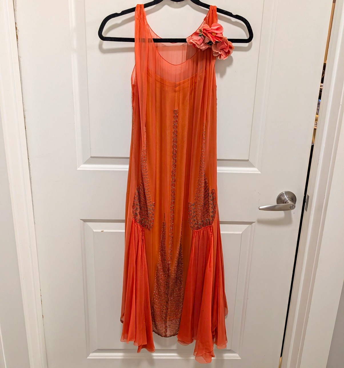 Antique 1920s Art Deco Coral Silk Chiffon Beaded Flapper Dress Floral Corsage