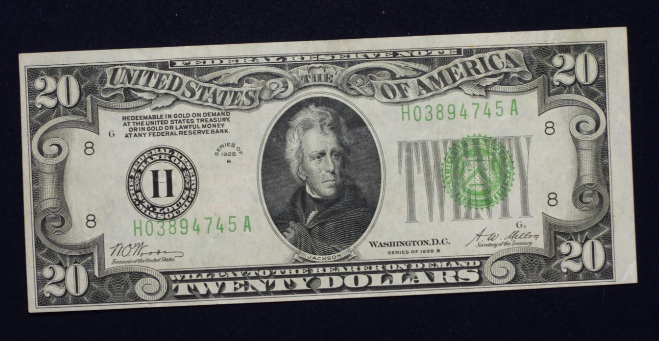 1928 B US Federal Reserve $20 Dollar Green Seal Note P 422b XF Extremely Fine