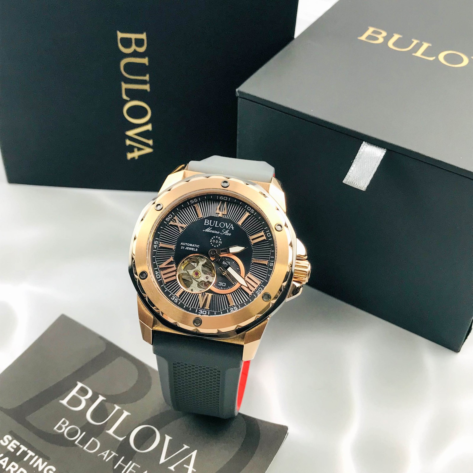 Bulova Marine Star 98A228 Grey Dial Grey Rubber Strap Men\'s Automatic Watch 45mm