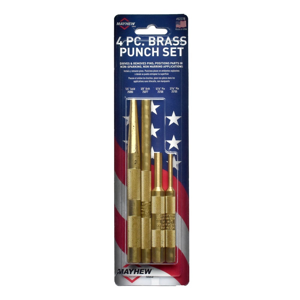 Mayhew 4pc Brass Punch Set, 62278, 1/4 Solid, 3/8 Drift, 5/16 & 3/16 Pin Punch Mayhew 4pc Brass Punch Set, 62278, 1/4 Solid, 3/8 Drift, 5/16 & 3/16 Pin Punch