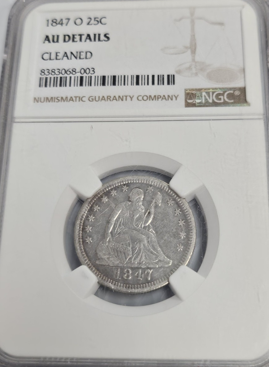 1847-O Liberty Seated Quarter AU Details, Cleaned H196 1847-O Liberty Seated Quarter AU Details, Cleaned H196