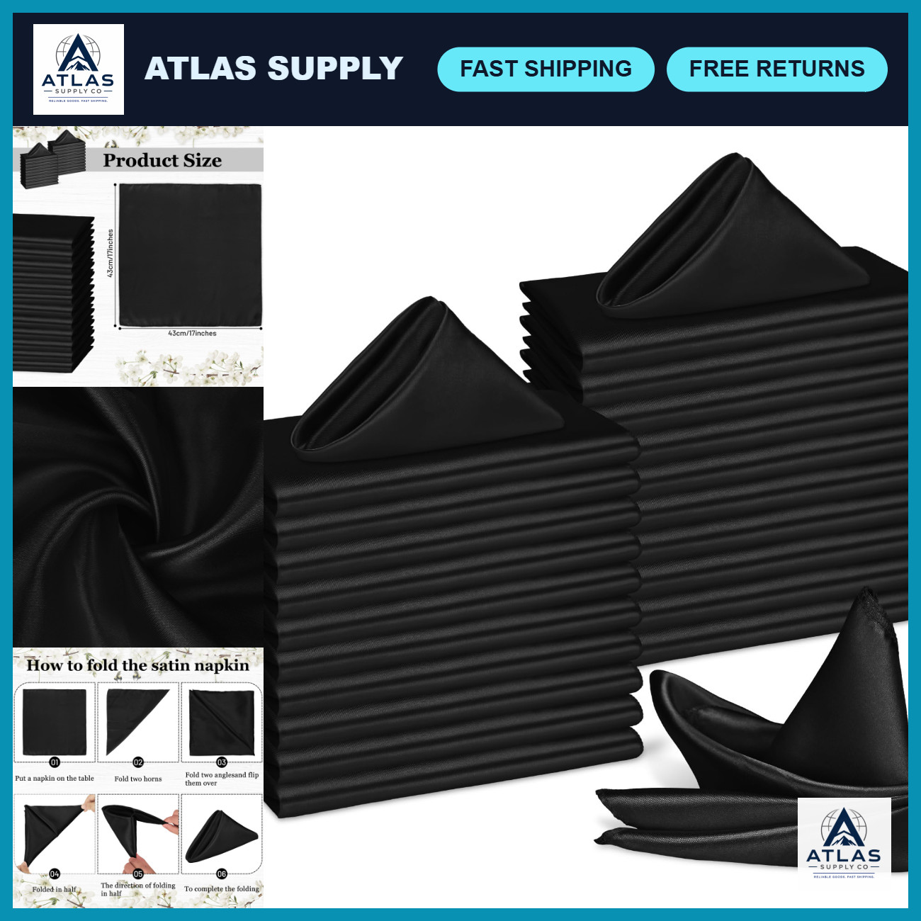 40 Pack Black Satin Napkins 17x17\