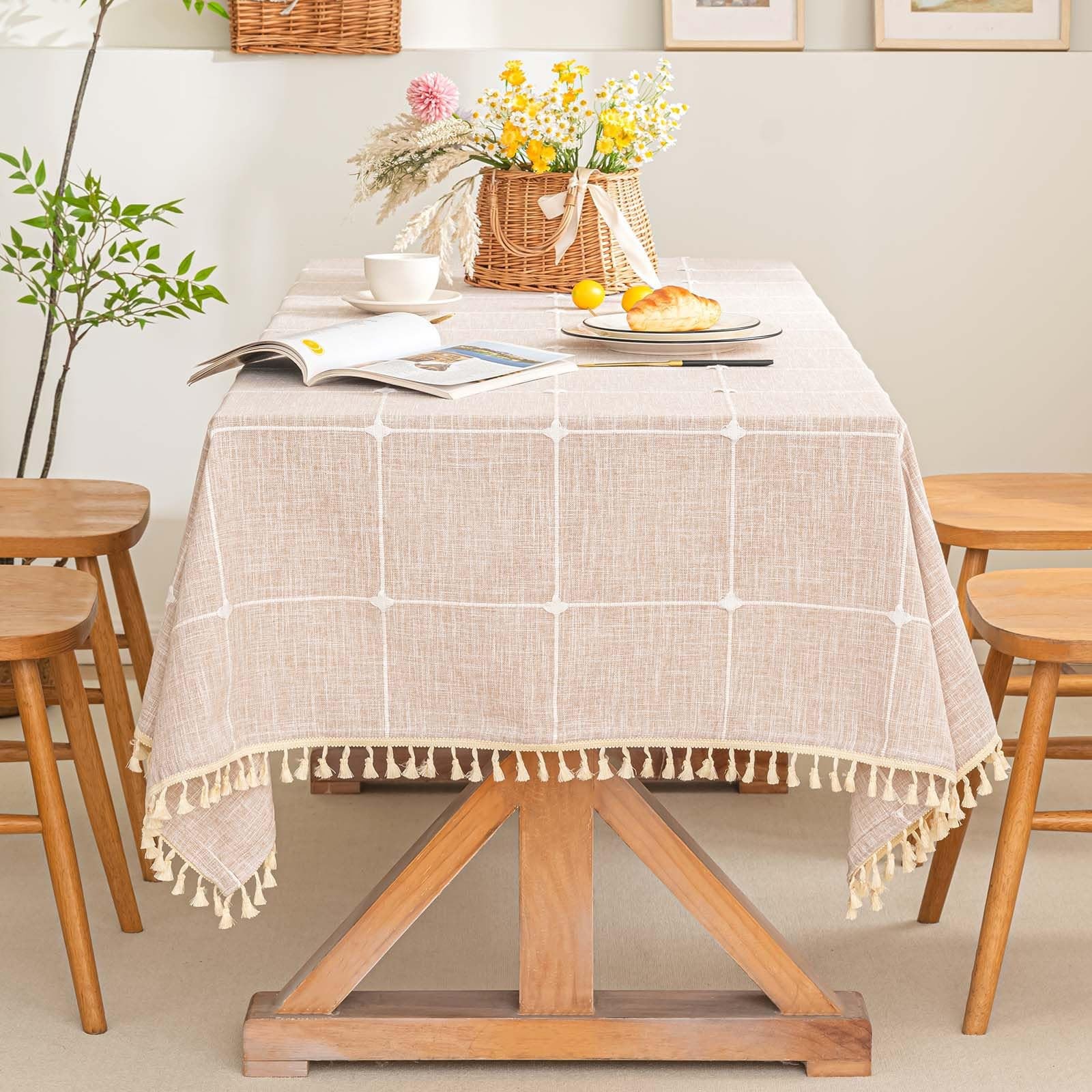 SIELUNO Waterproof Burlap Tablecloth Coffee Plaid 55\'\'x102\'\' Rectangle 8-10