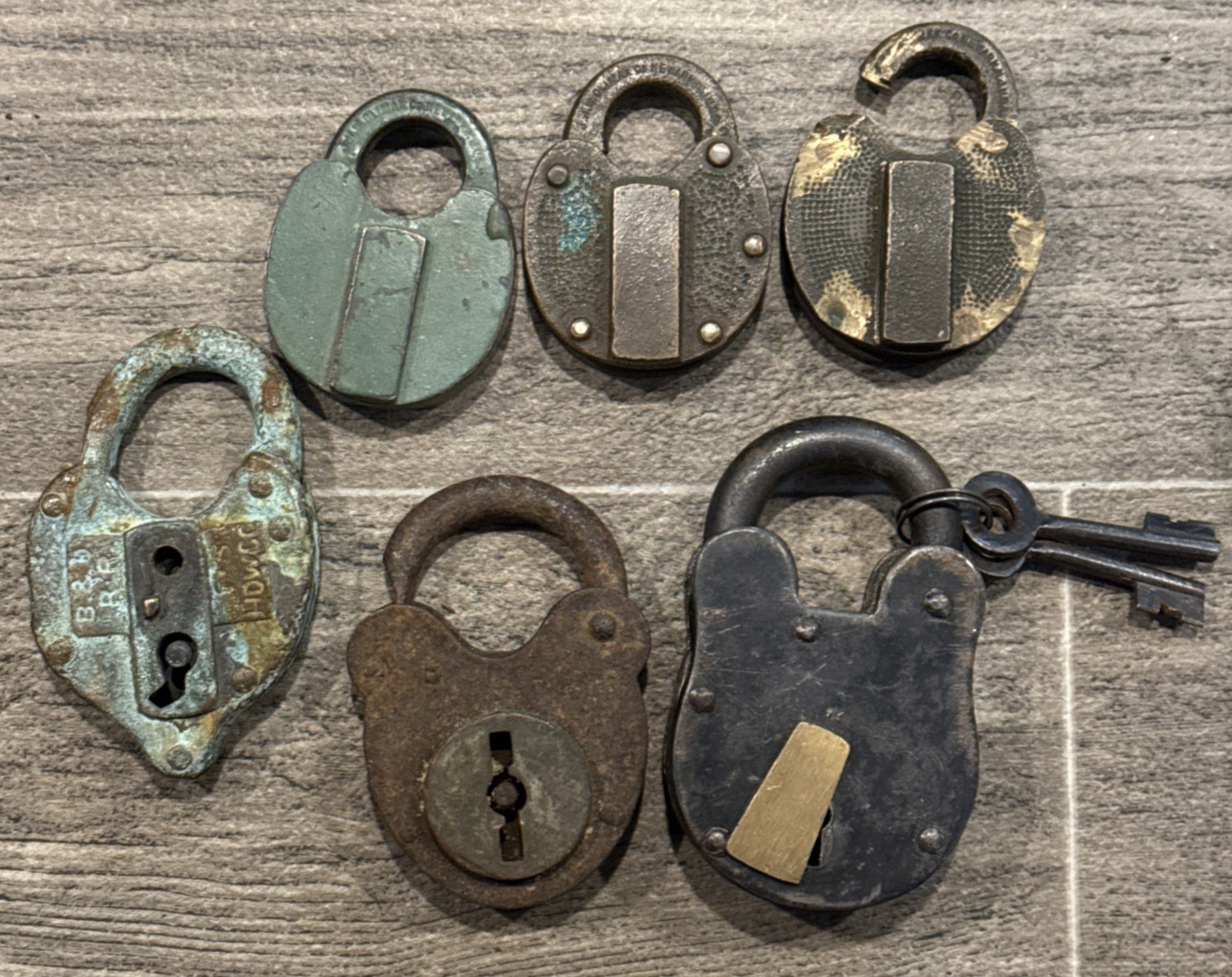 Lot of 6 Antique Vintage Padlocks J.H.W. Climax Co Newark NJ Brass B&D Railroad