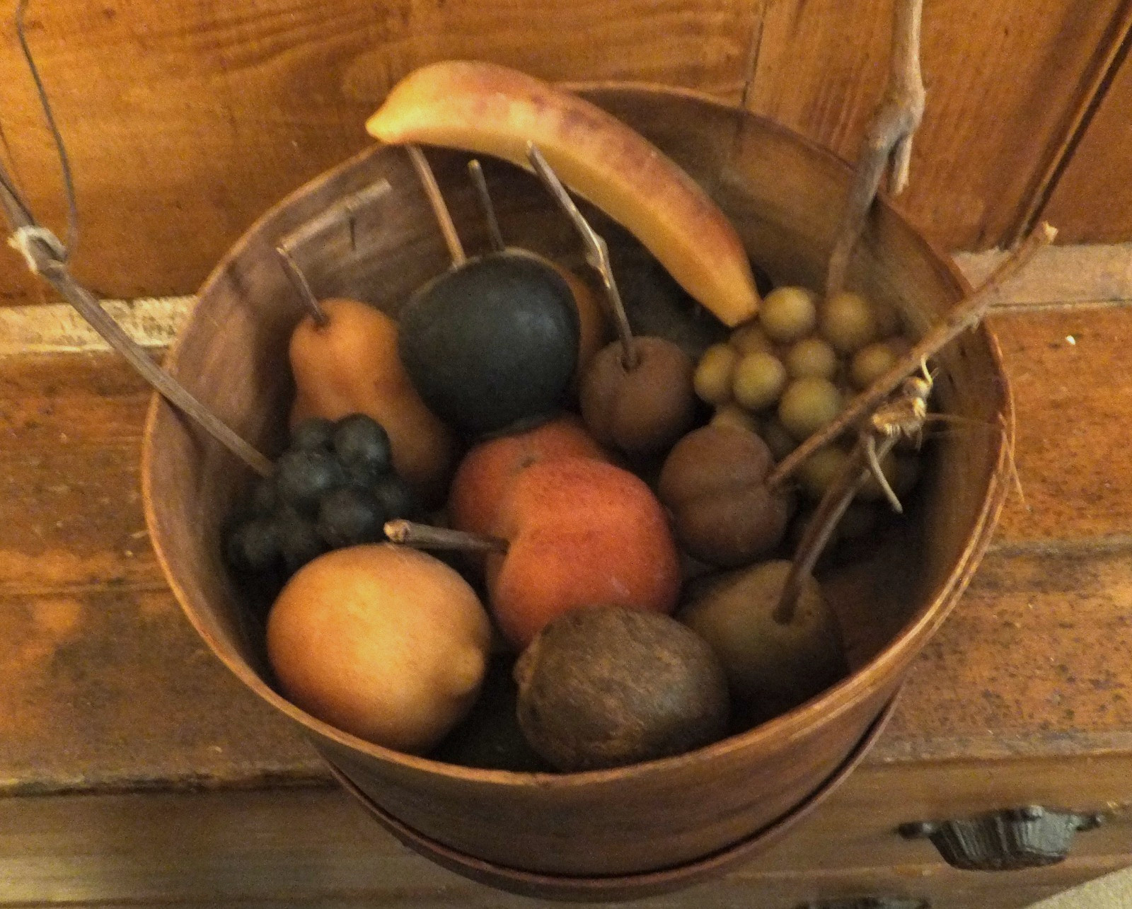 Antique Primitive 19thc Wooden Pantry Box w/ Scented Wax Fruit