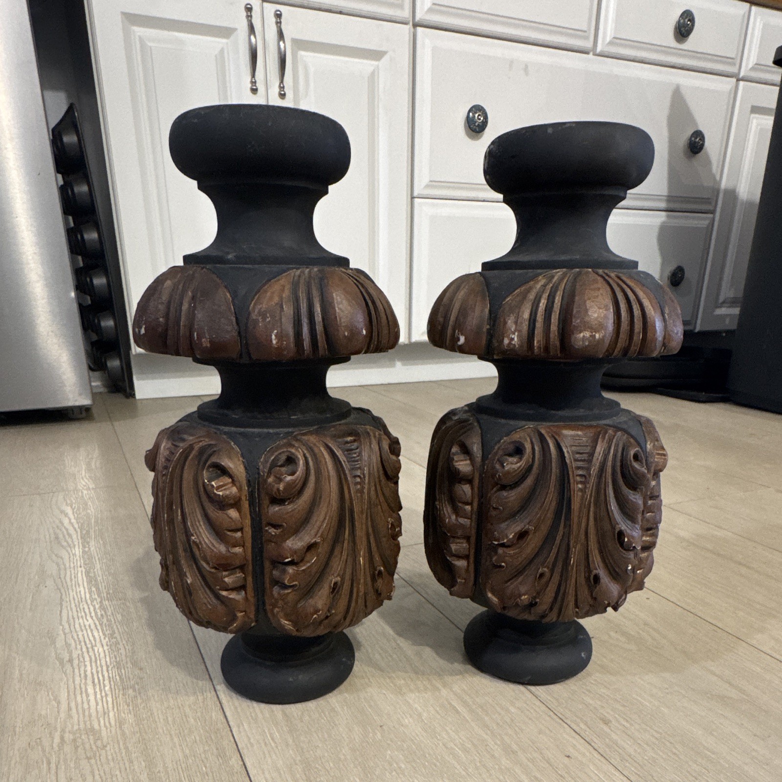 Pair of antique hand carved wood architectural finials Pair of antique hand carved wood architectural finials
