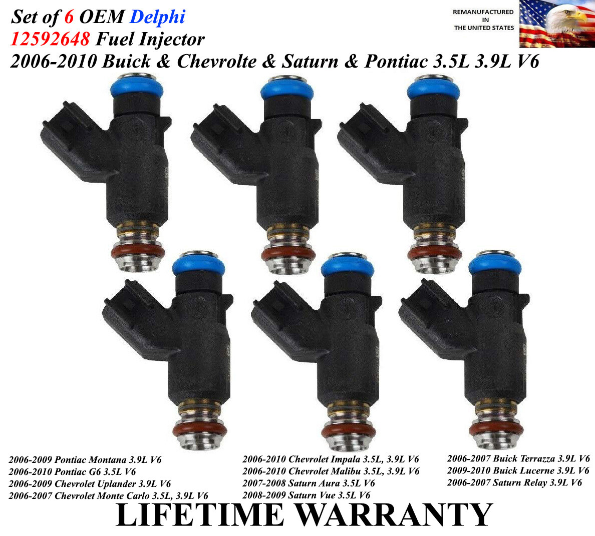 Genuine Delphi Set of 6 Fuel Injectors For 2006-2009 Chevrolet Uplander 3.9L V6 