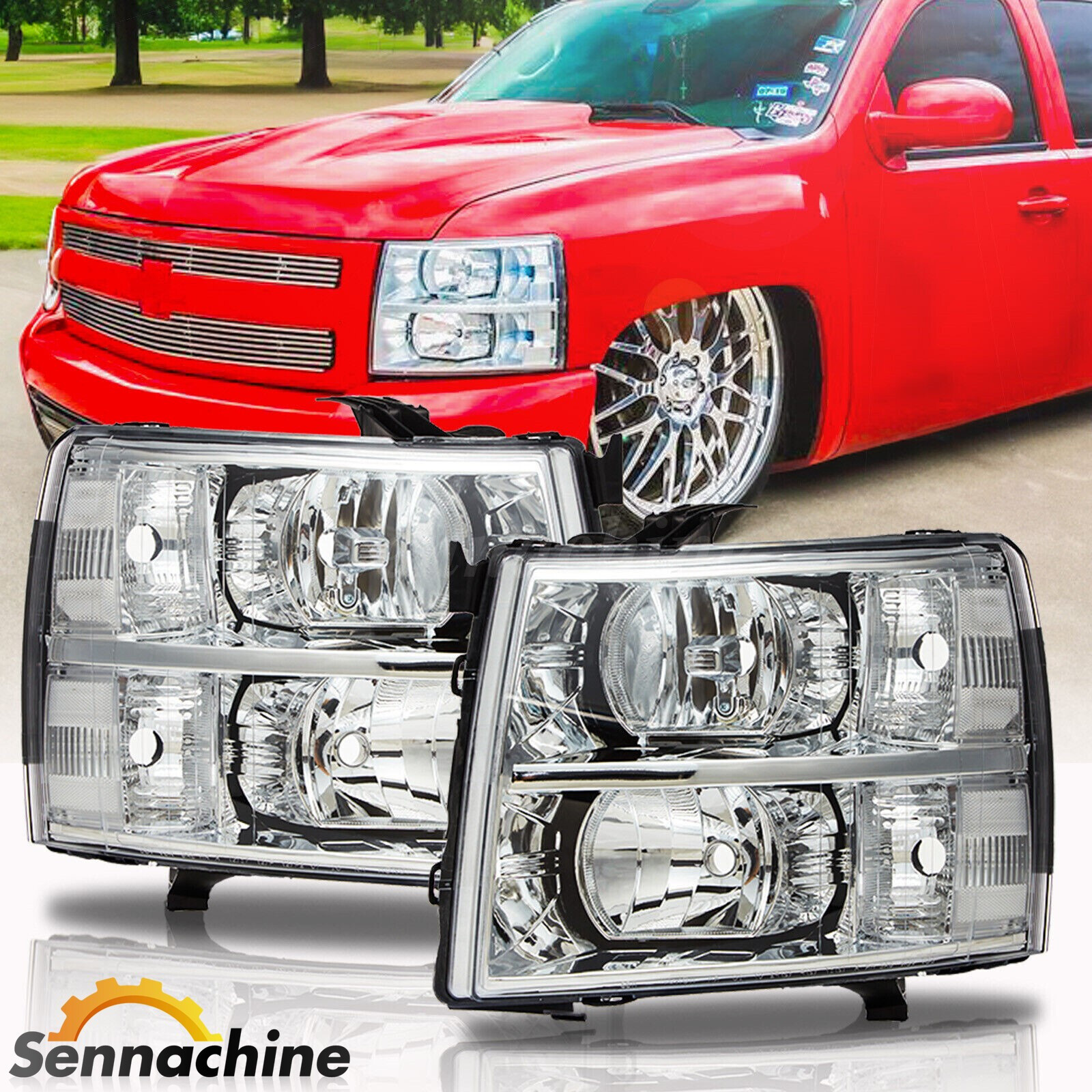 Chrome Headlights For 2007-2014 Chevy Silverado 1500 Headlamps Assembly Sets