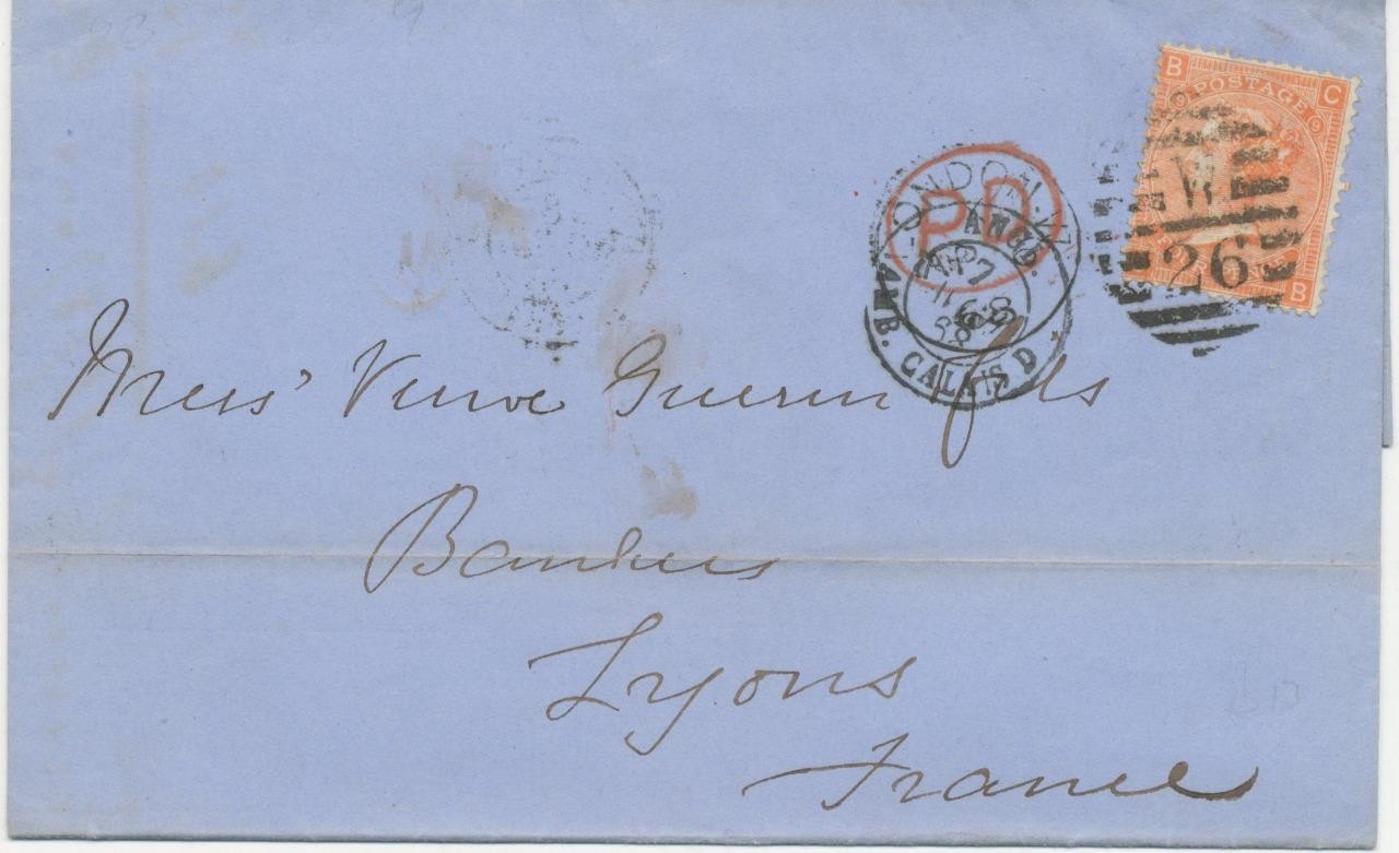 GB 1868 QV 4d vermilion pl.9 (CB) on superb env w Duplex \