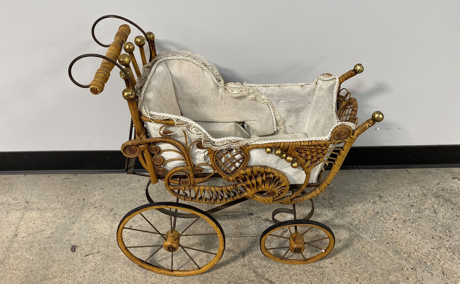 Victorian Style Wicker Rattan Doll Carriage Stroller Lace Wood Metal Vintage