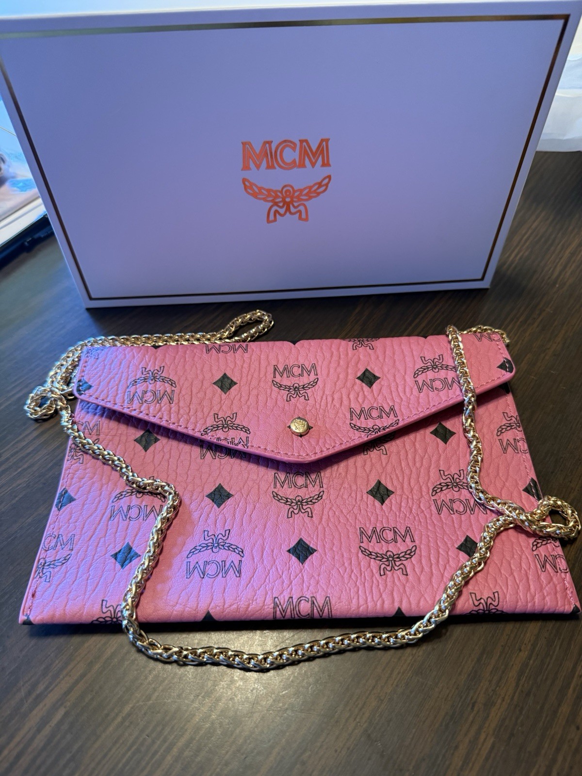MCM Pink Envelope Logo Pouch Snap Closure Cert Of authenticity Included MCM Pink Envelope Logo Pouch Snap Closure Cert Of authenticity Included