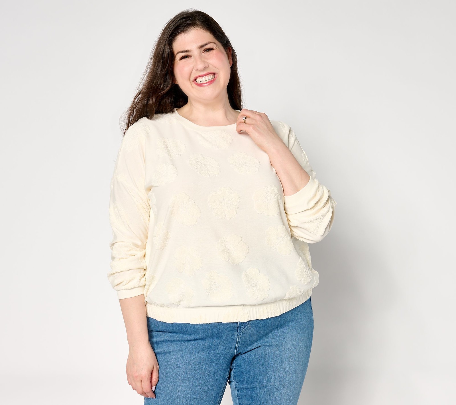 Anybody Women\'s Sleepwear Sz M Crew Neck Hibiscus Jaquard French White A648901