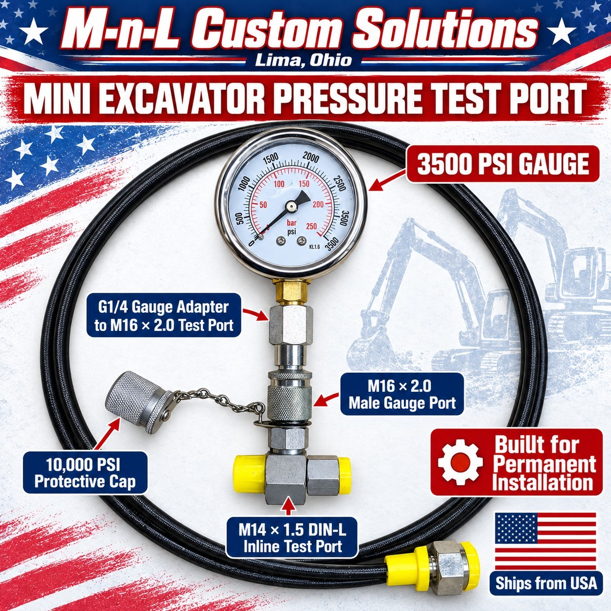 Chinese Mini Excavator Hydraulic Pressure Test Port Kit 3500 PSI Gauge, m14 Din