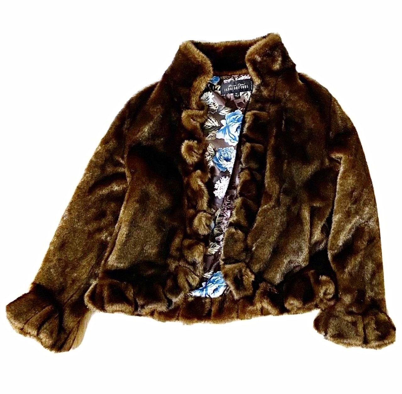Donna Salyers\' Fabulous Furs Brown Ruffle Collared Lined Hook & Eye Jacket M Donna Salyers\' Fabulous Furs Brown Ruffle Collared Lined Hook & Eye Jacket M