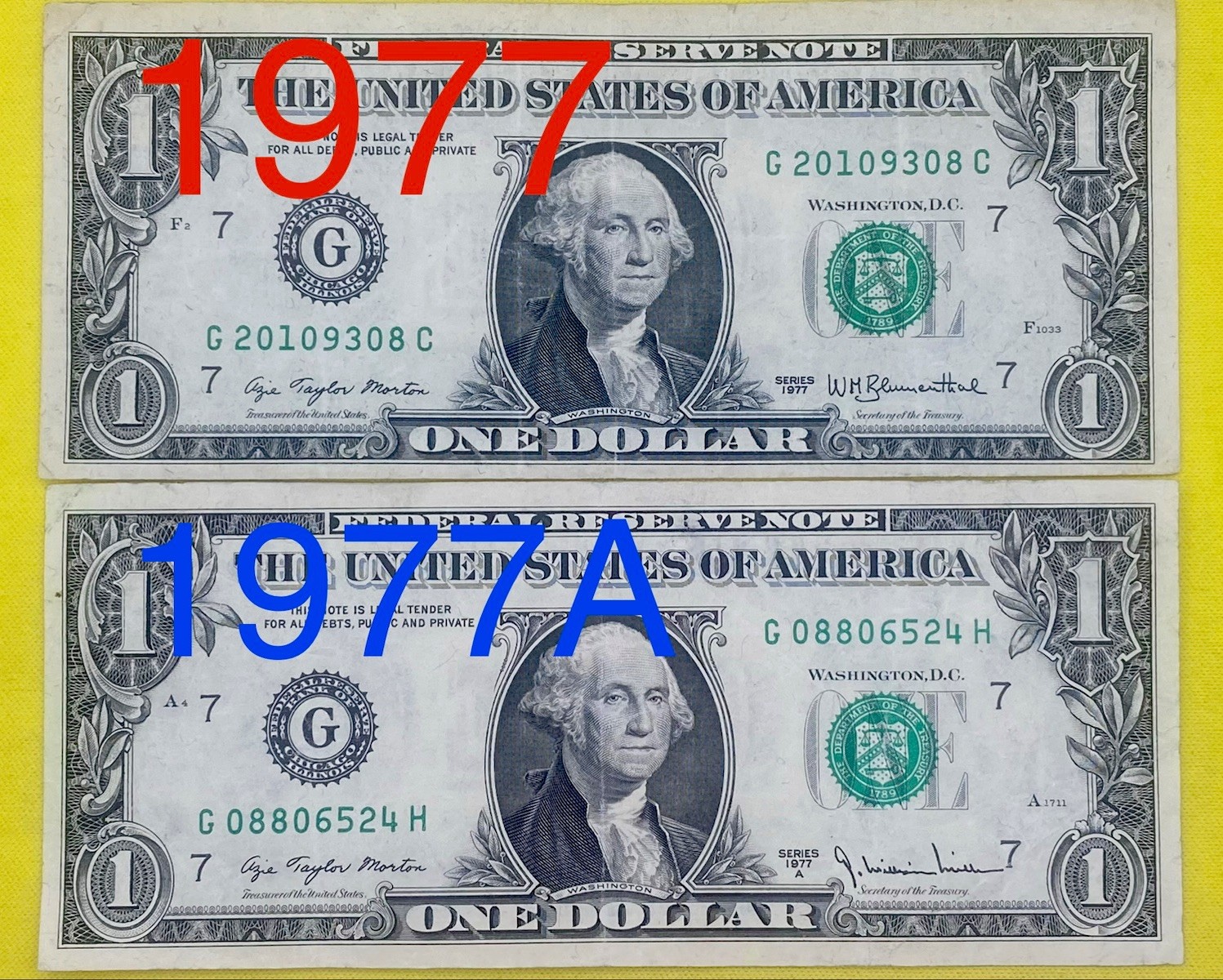 Vintage 1977 1977A Series Set District 7 Fancy Serial Number One Dollar Bill DC