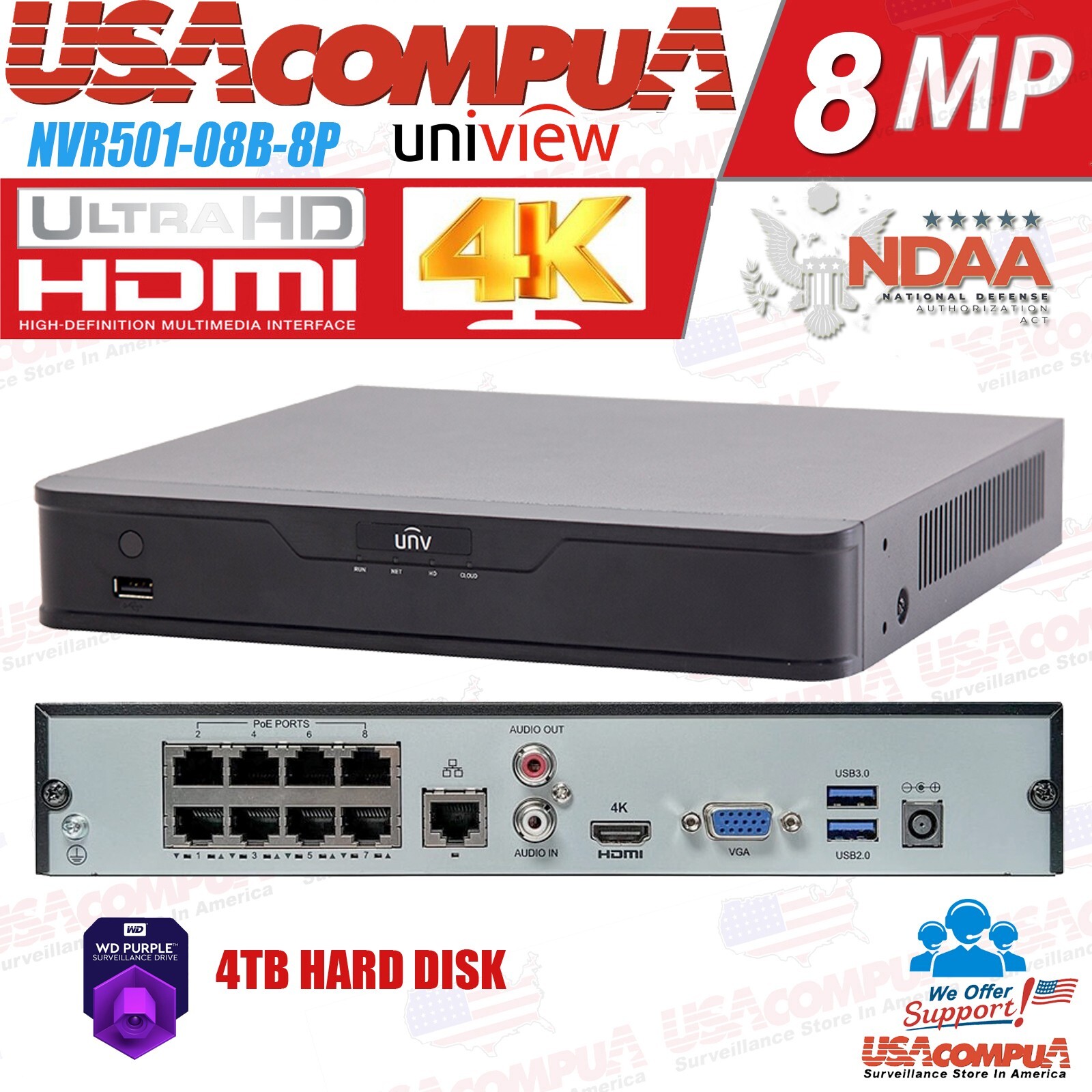UNIVIEW 16MP NVR NDAA-Compliant 8-Ch PoE IP Network Uniview Security NVR 4TB PUR
