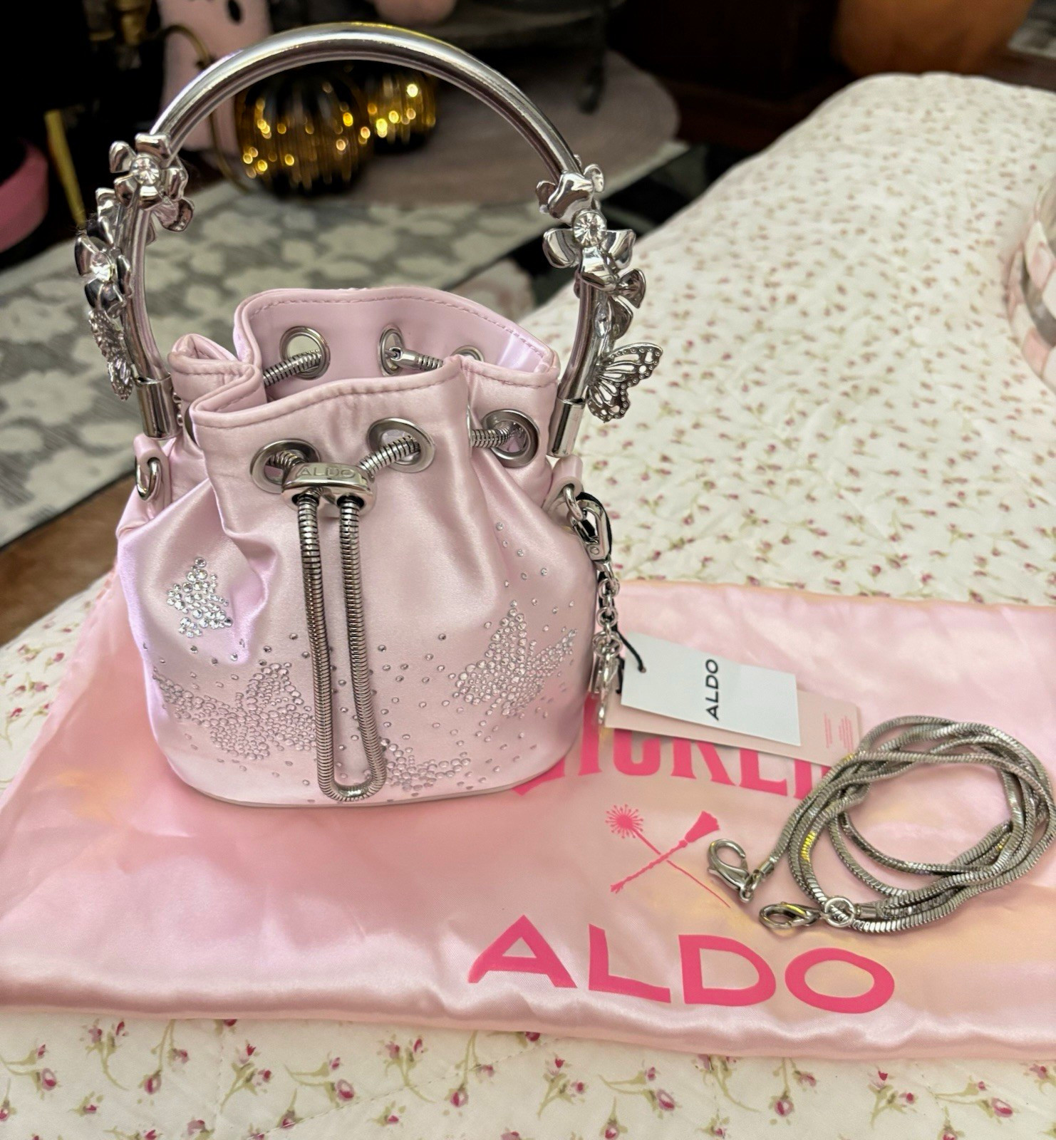 NWT ALDO x Wicked Glindafied Pink Rhinestone Butterfly Bucket Bag