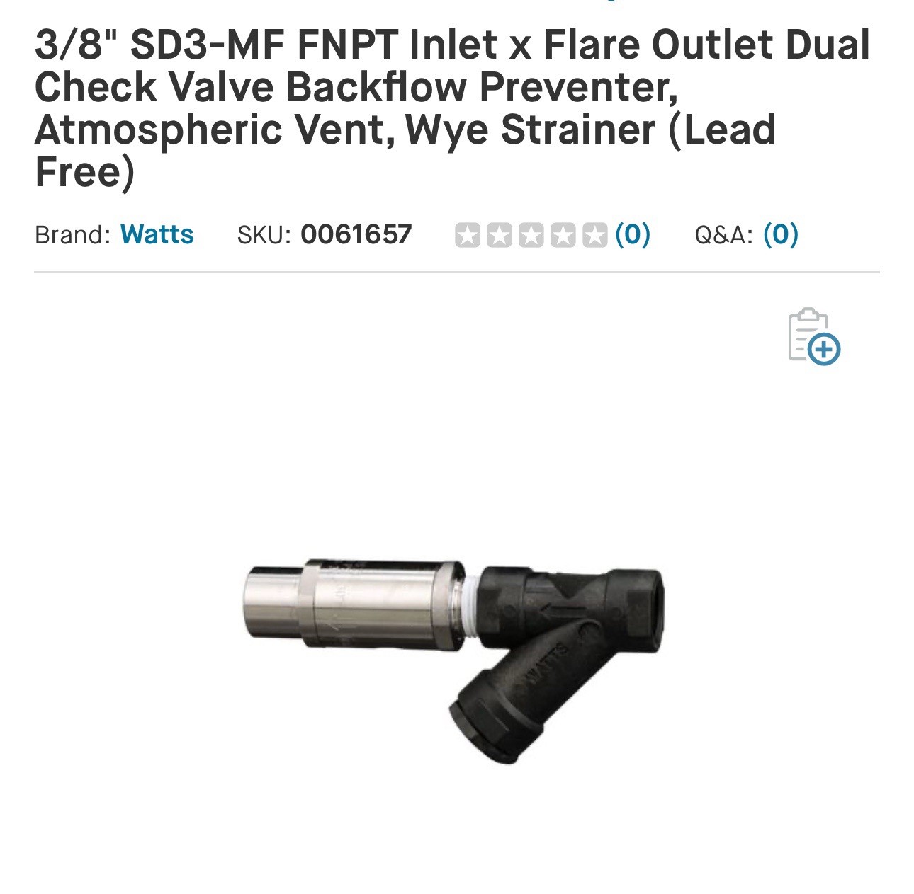 - Watts SD3-MF Backflow Preventer. ( 0061657) - Watts SD3-MF Backflow Preventer. ( 0061657)
