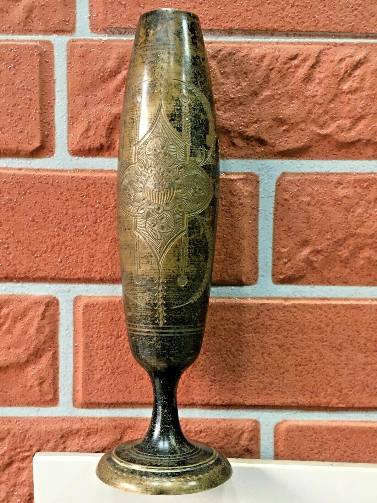 Old Rare Hand Carved Flower Antique Look Brass Flower Vase Pot Rich Old Patina
