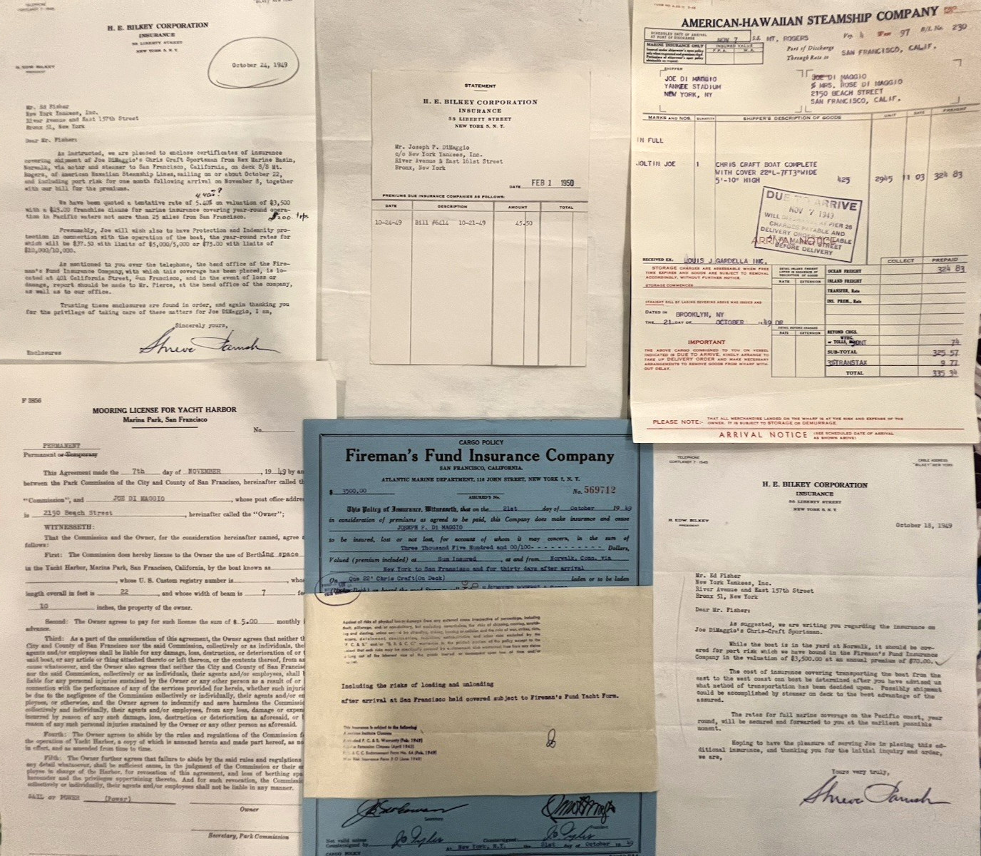 YANKEES JOE DiMAGGIO PERSONALLY OWNED 1949 BOAT PURCHASE/REG./INS. ARCHIVE