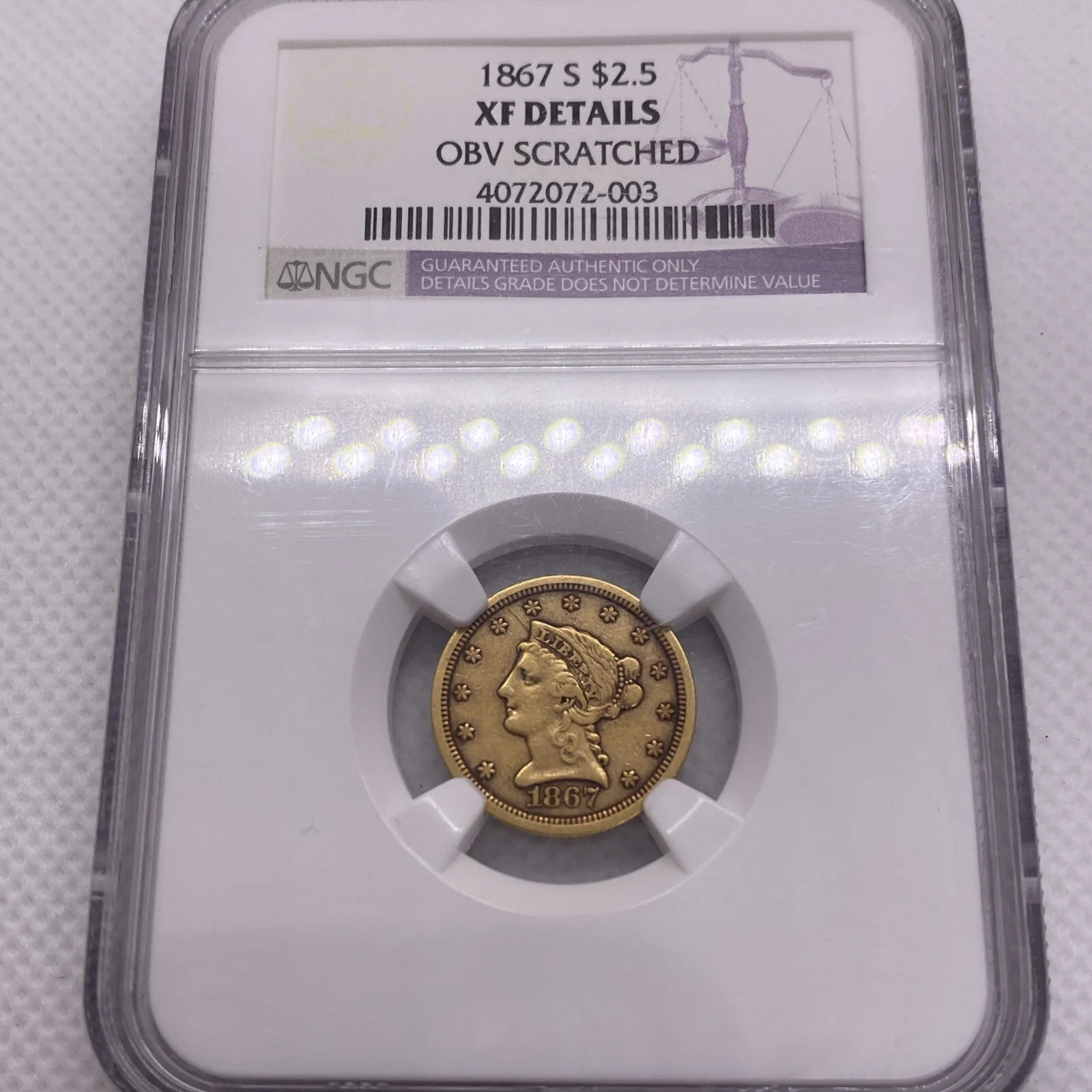 1867-S Liberty Gold 2.50 NGC XF Det Key Date RARE LOW MINTAGE LOW SURVIVAL RATE 1867-S Liberty Gold 2.50 NGC XF Det Key Date RARE LOW MINTAGE LOW SURVIVAL RATE