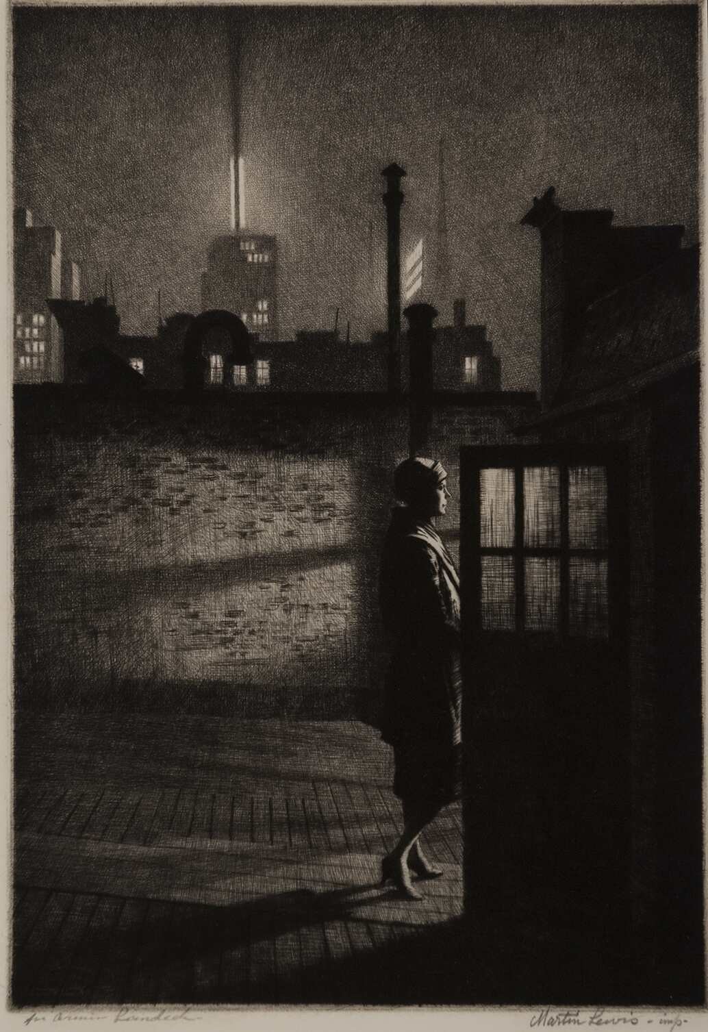 Martin Lewis : Little Penthouse : American Etching Urban Night Scene 1935
