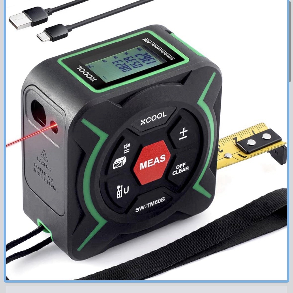 2-in-1 Laser Tape Measure – 197ft Laser + 9.8ft Tape, Magnetic Hook, Area/Volume