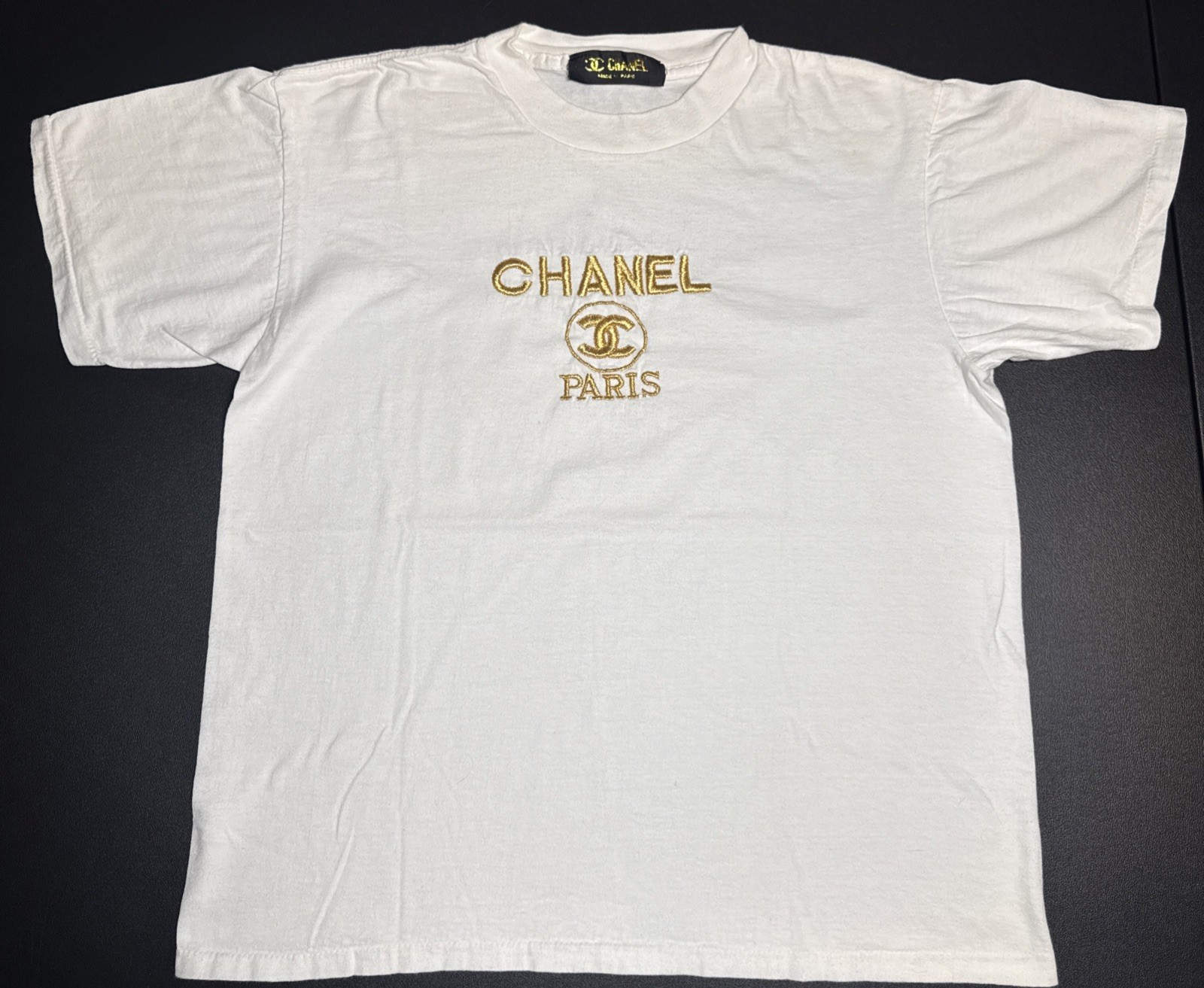 Vintage Chanel Paris Big Logo Gold Embroidery Tee T-Shirt Single Stitch Read