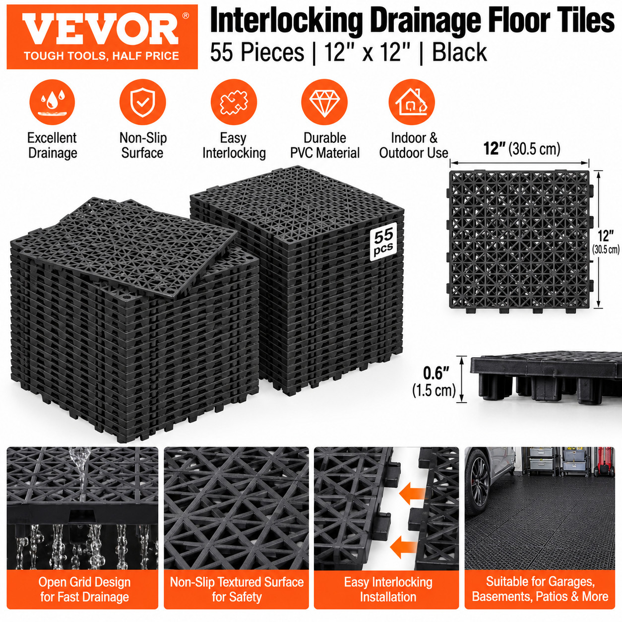 VEVOR 55Pc 12”x12” Interlocking Drainage Floor Tiles PVC Non-Slip Black VEVOR 55Pc 12”x12” Interlocking Drainage Floor Tiles PVC Non-Slip Black
