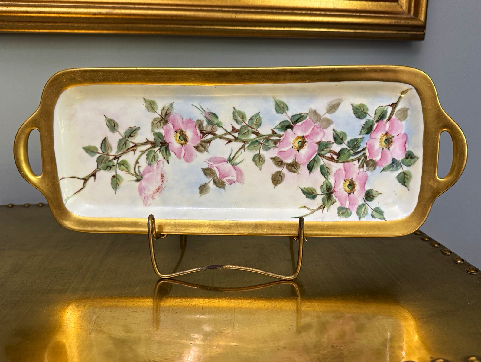 Antique B&C Limoges France Hand Painted Tray, Pink Wild Roses Porcelain Vanity Antique B&C Limoges France Hand Painted Tray, Pink Wild Roses Porcelain Vanity