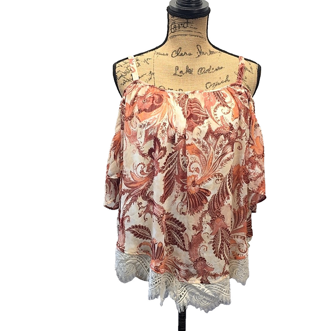 NWT Maurices Womens sz L Cold Shoulder Top Floral Lace Hem Boho Peasant Cowgirl NWT Maurices Womens sz L Cold Shoulder Top Floral Lace Hem Boho Peasant Cowgirl