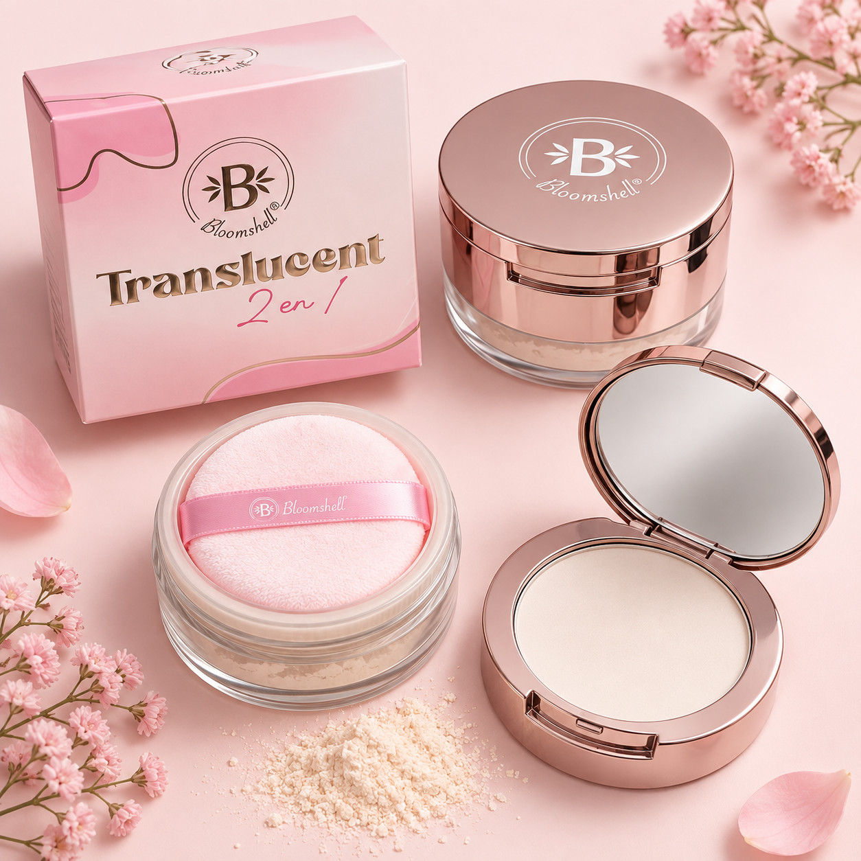 Bloomshell Translucent 2 in 1 Face Powder Pressed + Loose  with Puff & Mirror