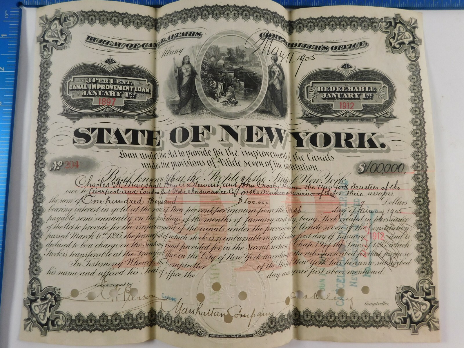 Antique 1897 State of New York 15 Year Canal Improvement Bond