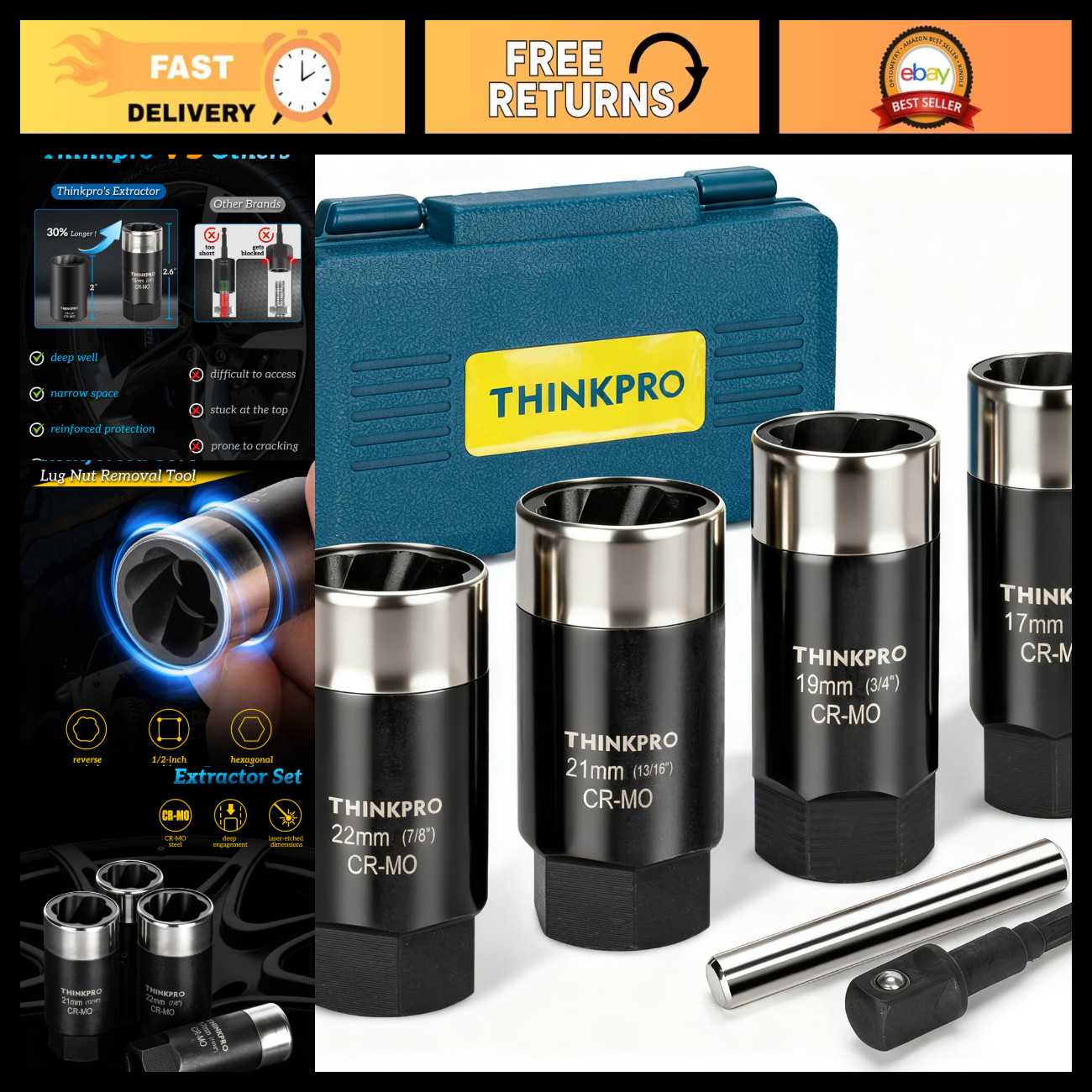 6-Piece Locking Lug Nut Removal Tool Set - Deep Extractor for Stuck Nuts 6-Piece Locking Lug Nut Removal Tool Set - Deep Extractor for Stuck Nuts