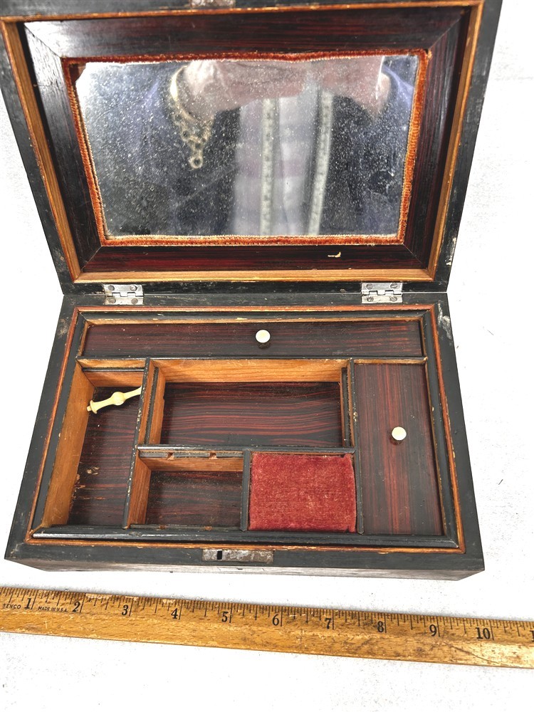 antique sewing box fitted inside, mirror compartments pin cushion original 1800