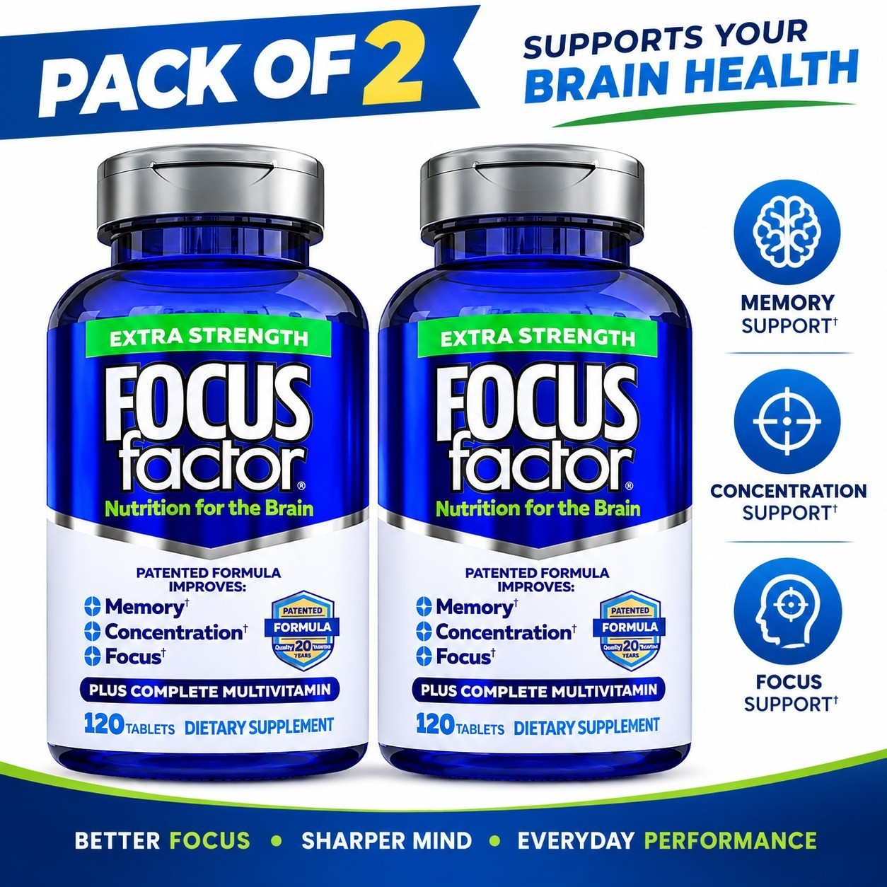 Focus Factor Extra Strength Dietary Supplement, 120 Tablets, Pack of 2