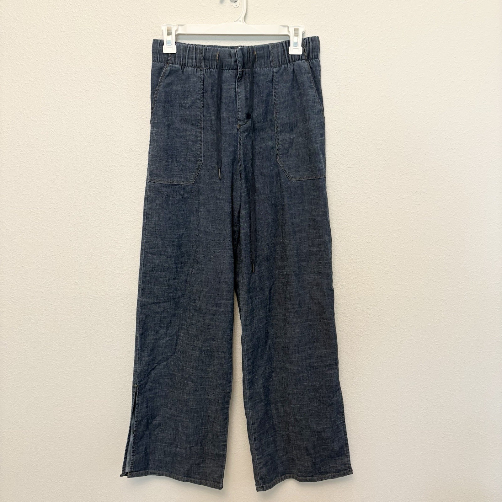 Evereve Women\'s Size S Hemp Blend Wide Leg Pants Stretch Stargazer Chambray Slit Evereve Women\'s Size S Hemp Blend Wide Leg Pants Stretch Stargazer Chambray Slit