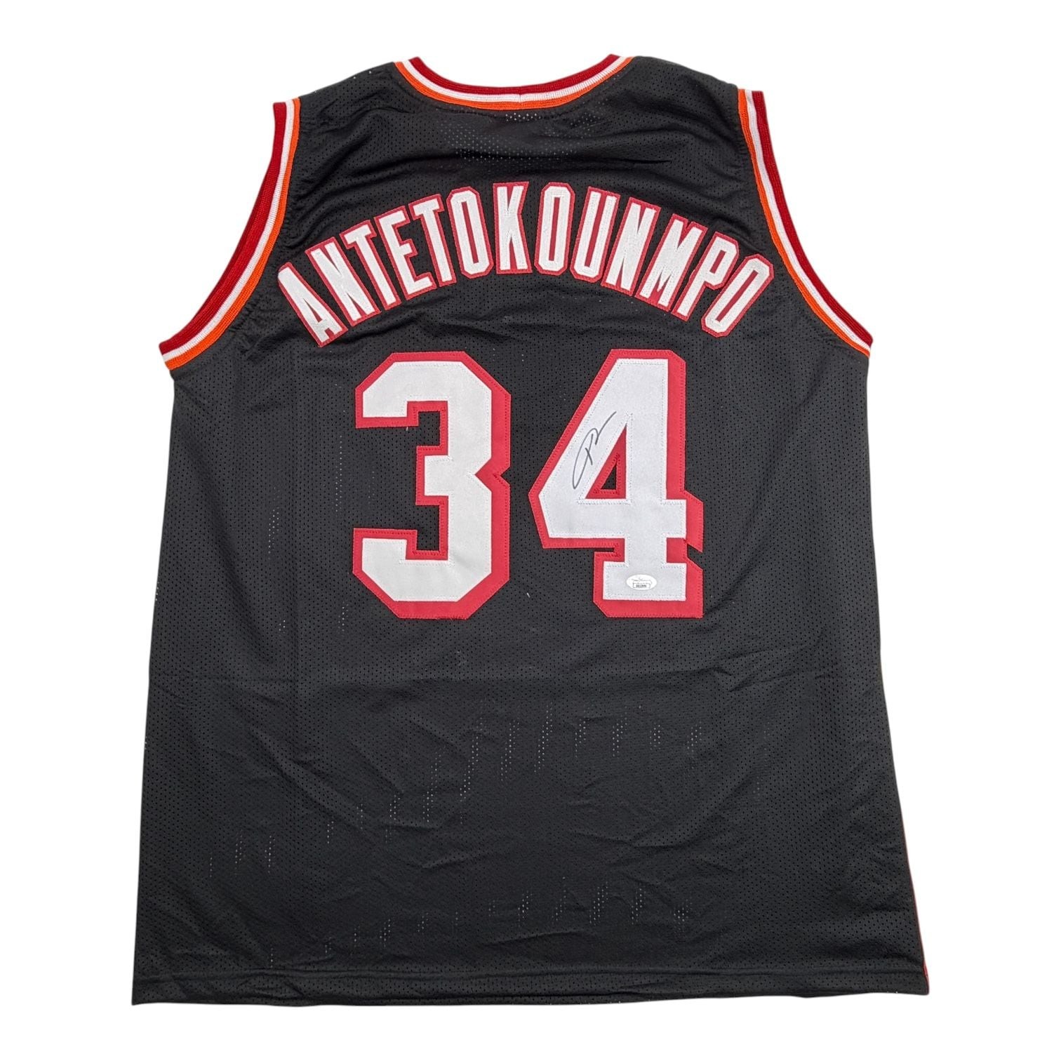 Autographed/Signed Giannis Antetokounmpo Miami Heat Black Jersey JSA COA Autographed/Signed Giannis Antetokounmpo Miami Heat Black Jersey JSA COA