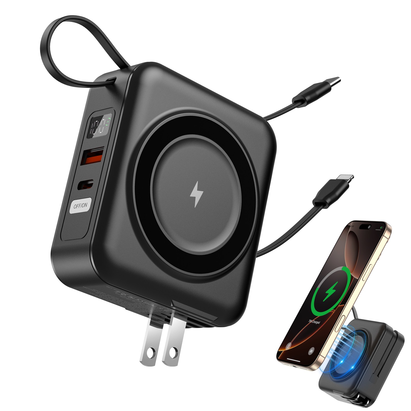 Magnetic Portable Charger Built-in Cable w/ AC Wall Plug Power Bank for iPhone