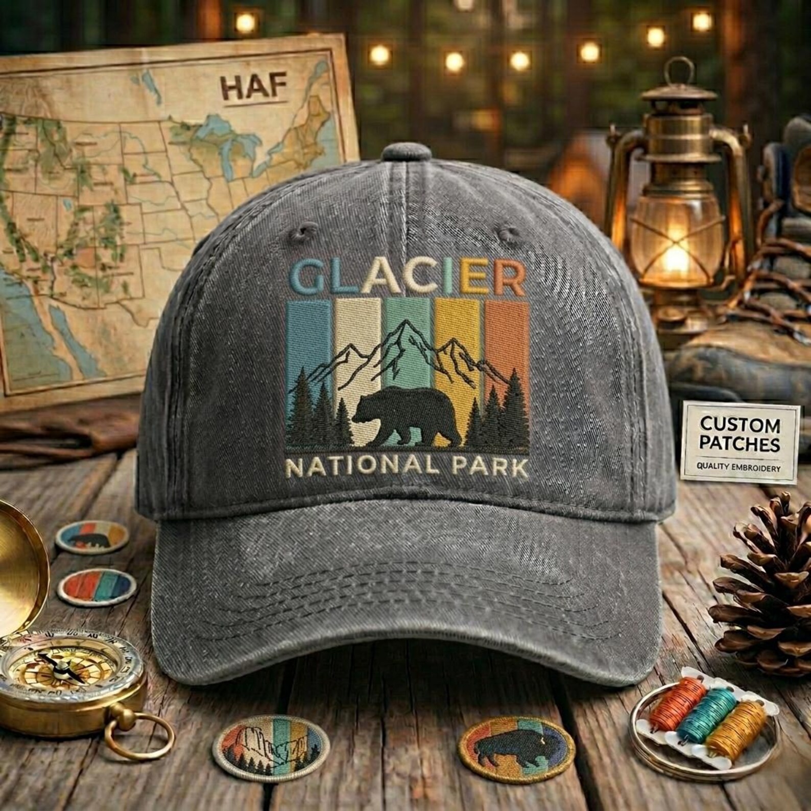 Custom Glacier National Park Embroidered Washed Hat, Retro Mountain Camping Cap