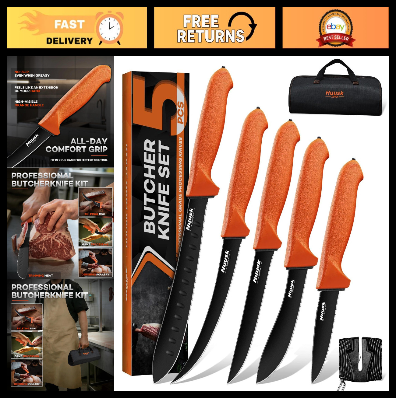 Premium Butcher Knife Set - Meat Processing Kit with Roll Bag, Perfect Gift for