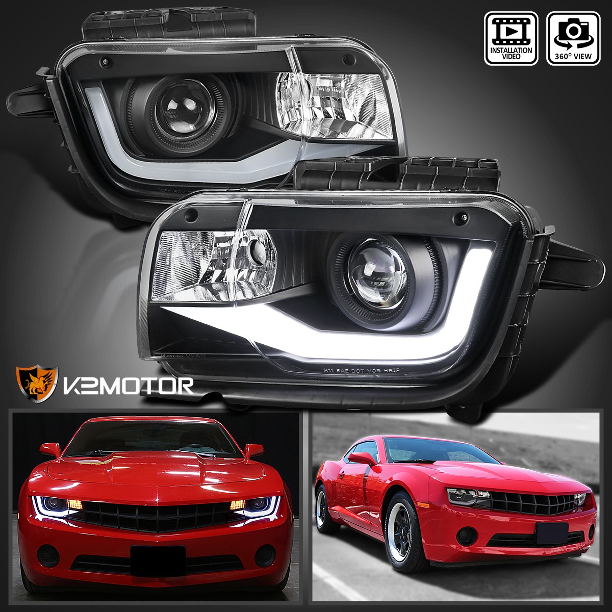 Black Fits 2010-2013 Chevy Camaro Projector Headlights LED Tube Lamps Left+Right Black Fits 2010-2013 Chevy Camaro Projector Headlights LED Tube Lamps Left+Right
